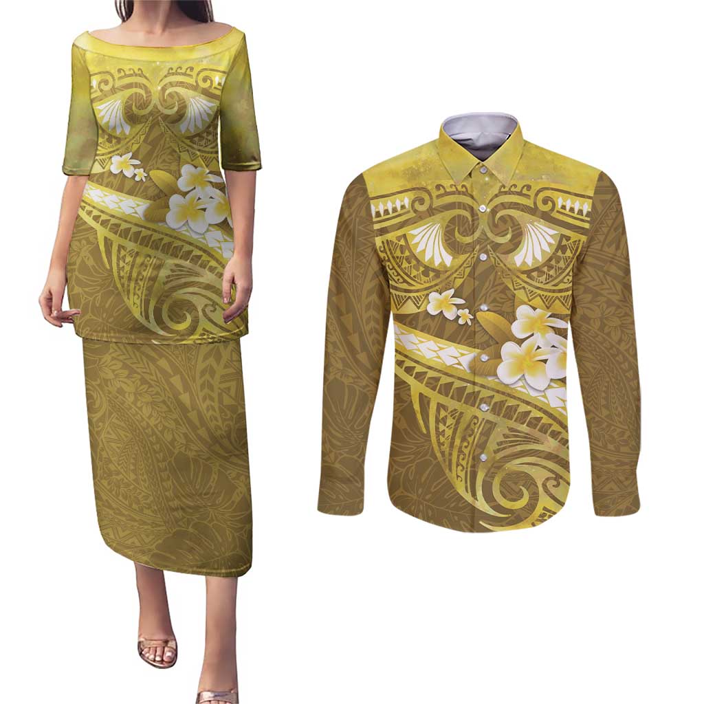 Gold Polynesia Couples Matching Puletasi and Long Sleeve Button Shirt Tribal Pattern Tropical Frangipani