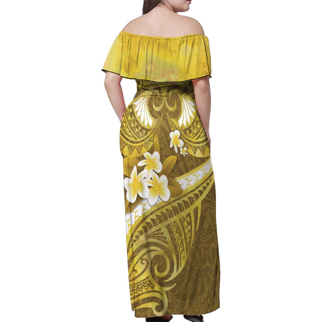 Gold Polynesia Family Matching Off Shoulder Maxi Dress and Hawaiian Shirt Tribal Pattern Tropical Frangipani