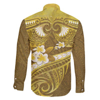 Gold Polynesia Family Matching Off Shoulder Short Dress and Hawaiian Shirt Tribal Pattern Tropical Frangipani