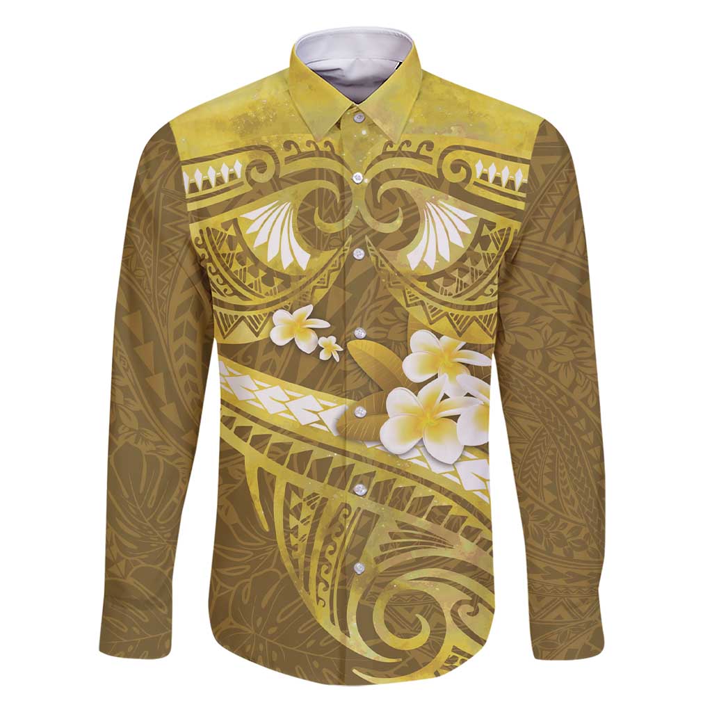 Gold Polynesia Family Matching Short Sleeve Bodycon Dress and Hawaiian Shirt Tribal Pattern Tropical Frangipani