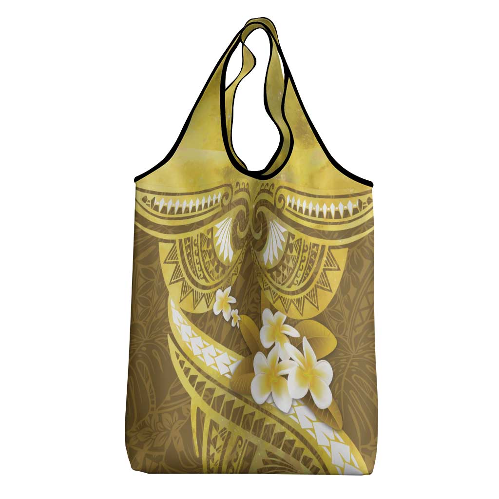 Gold Polynesia Grocery Bag Tribal Pattern Tropical Frangipani
