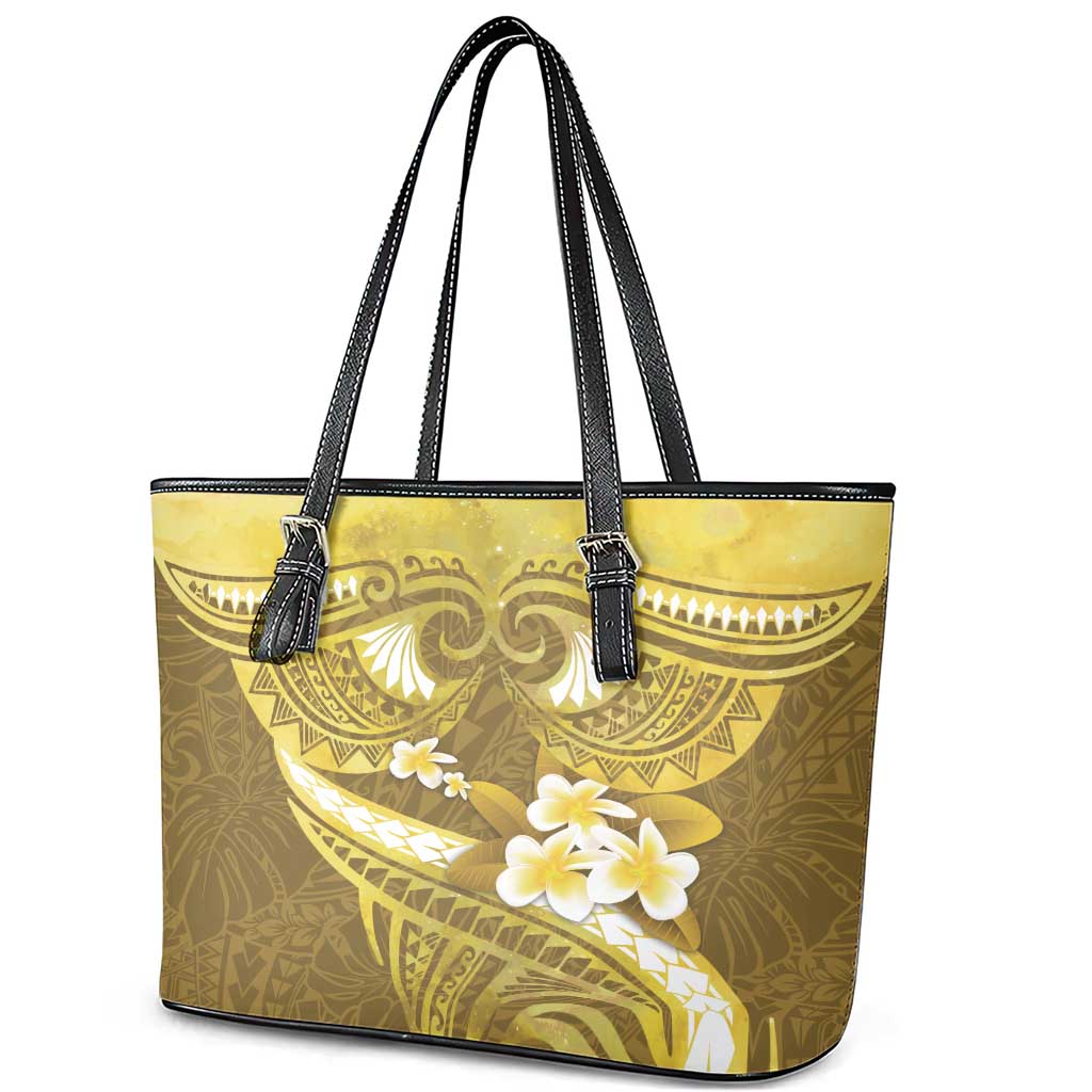 Gold Polynesia Leather Tote Bag Tribal Pattern Tropical Frangipani