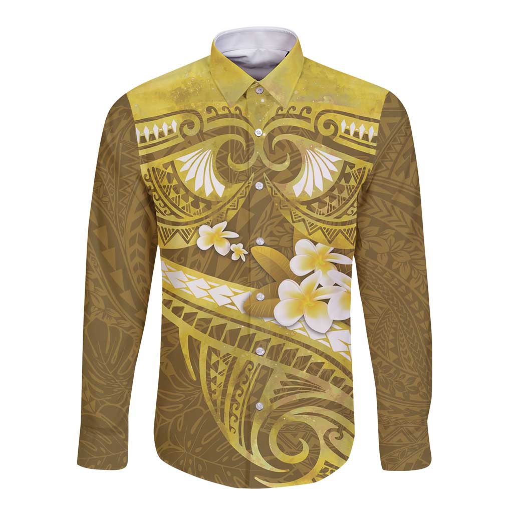 Gold Polynesia Long Sleeve Button Shirt Tribal Pattern Tropical Frangipani LT14 Unisex Gold - Polynesian Pride