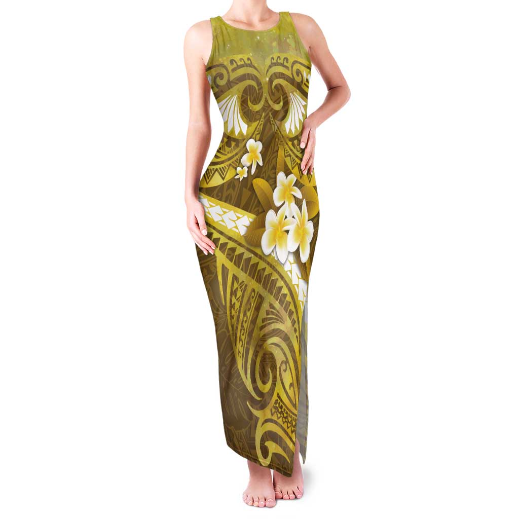 Gold Polynesia Tank Maxi Dress Tribal Pattern Tropical Frangipani