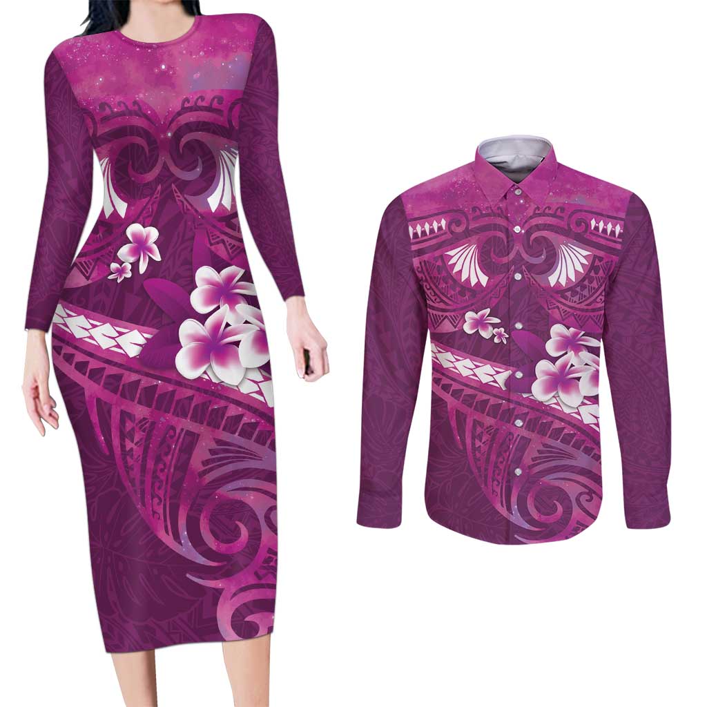Pink Polynesia Couples Matching Long Sleeve Bodycon Dress and Long Sleeve Button Shirt Tribal Pattern Tropical Frangipani