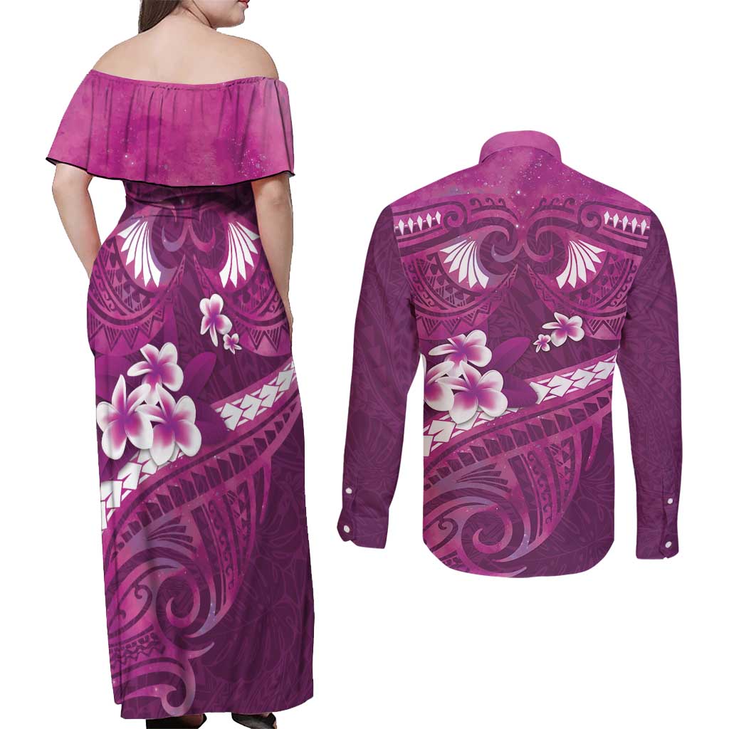 Pink Polynesia Couples Matching Off Shoulder Maxi Dress and Long Sleeve Button Shirt Tribal Pattern Tropical Frangipani