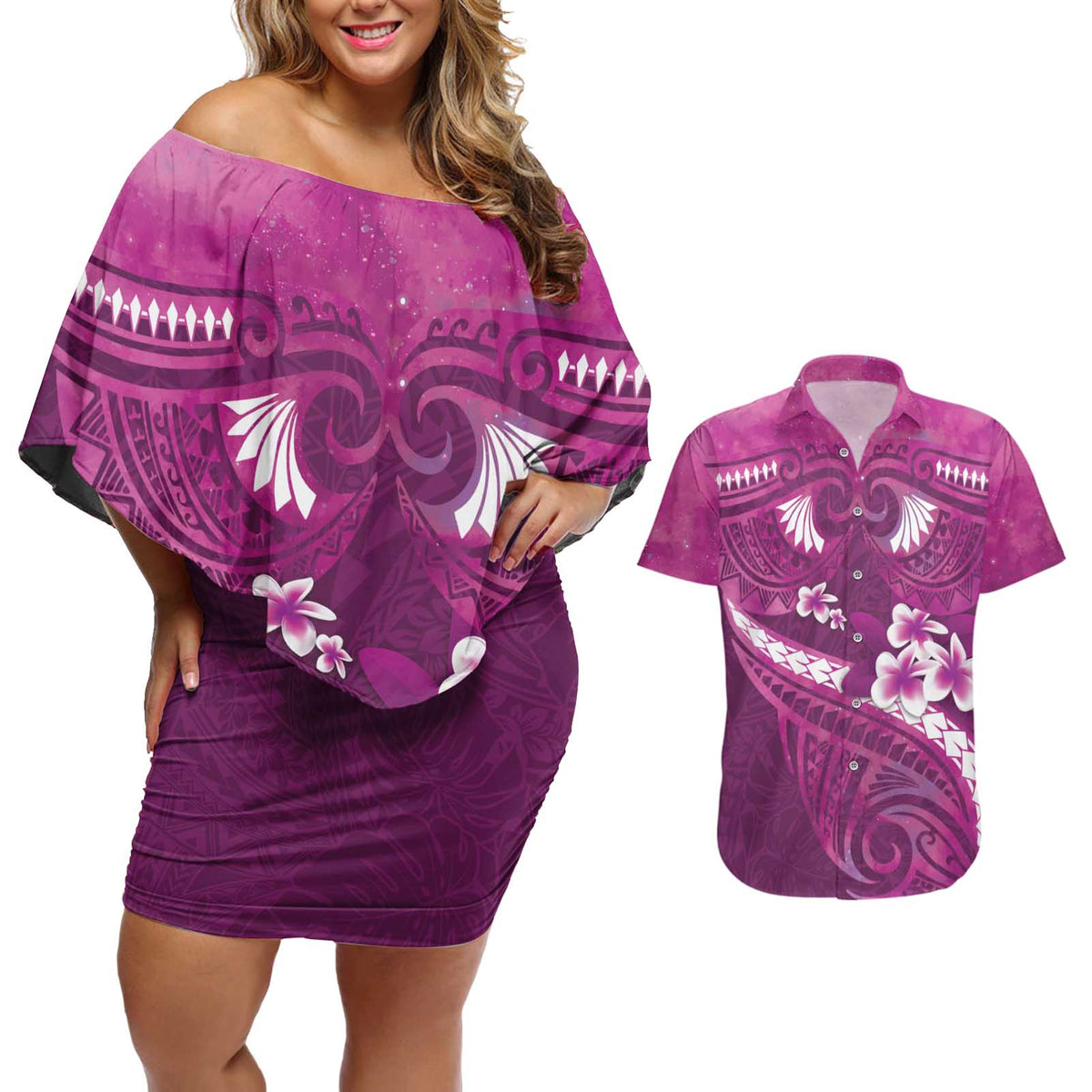 Pink Polynesia Couples Matching Off Shoulder Short Dress and Hawaiian Shirt Tribal Pattern Tropical Frangipani