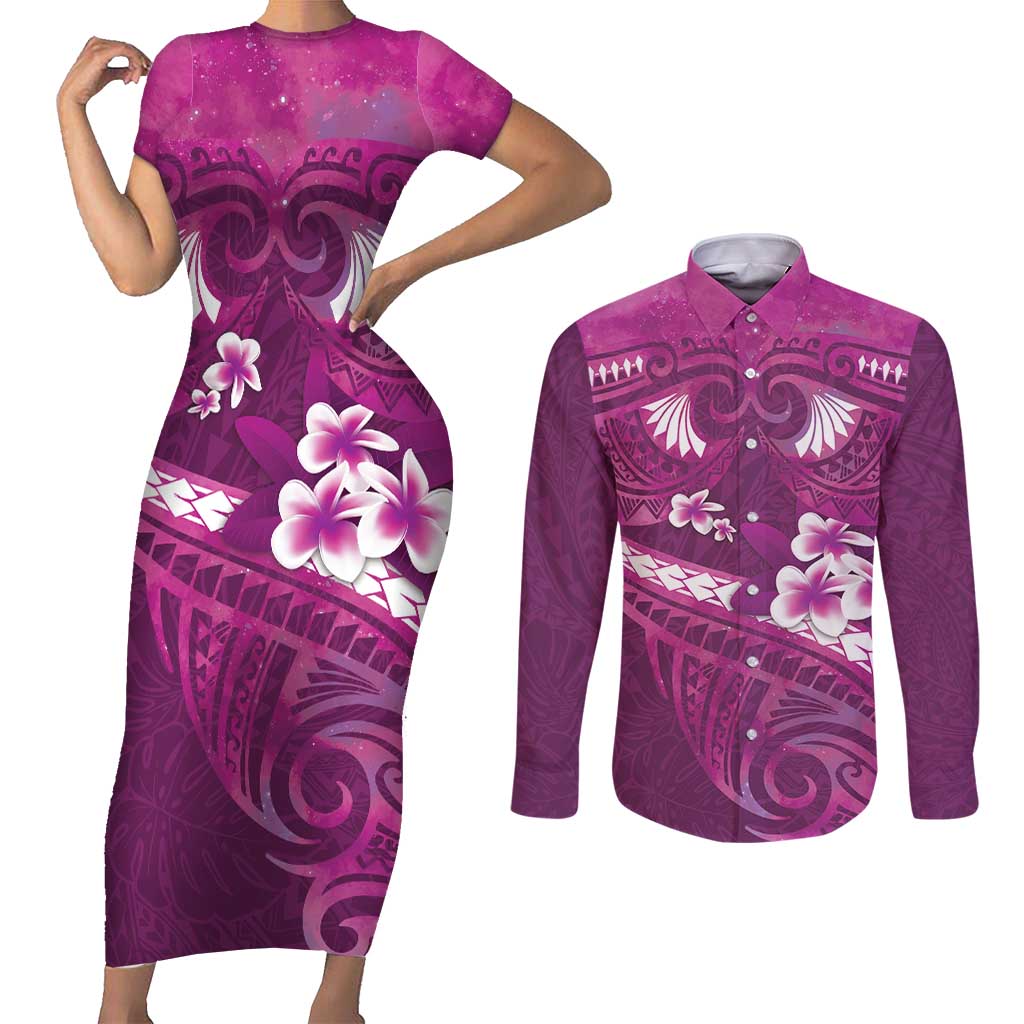 Pink Polynesia Couples Matching Short Sleeve Bodycon Dress and Long Sleeve Button Shirt Tribal Pattern Tropical Frangipani
