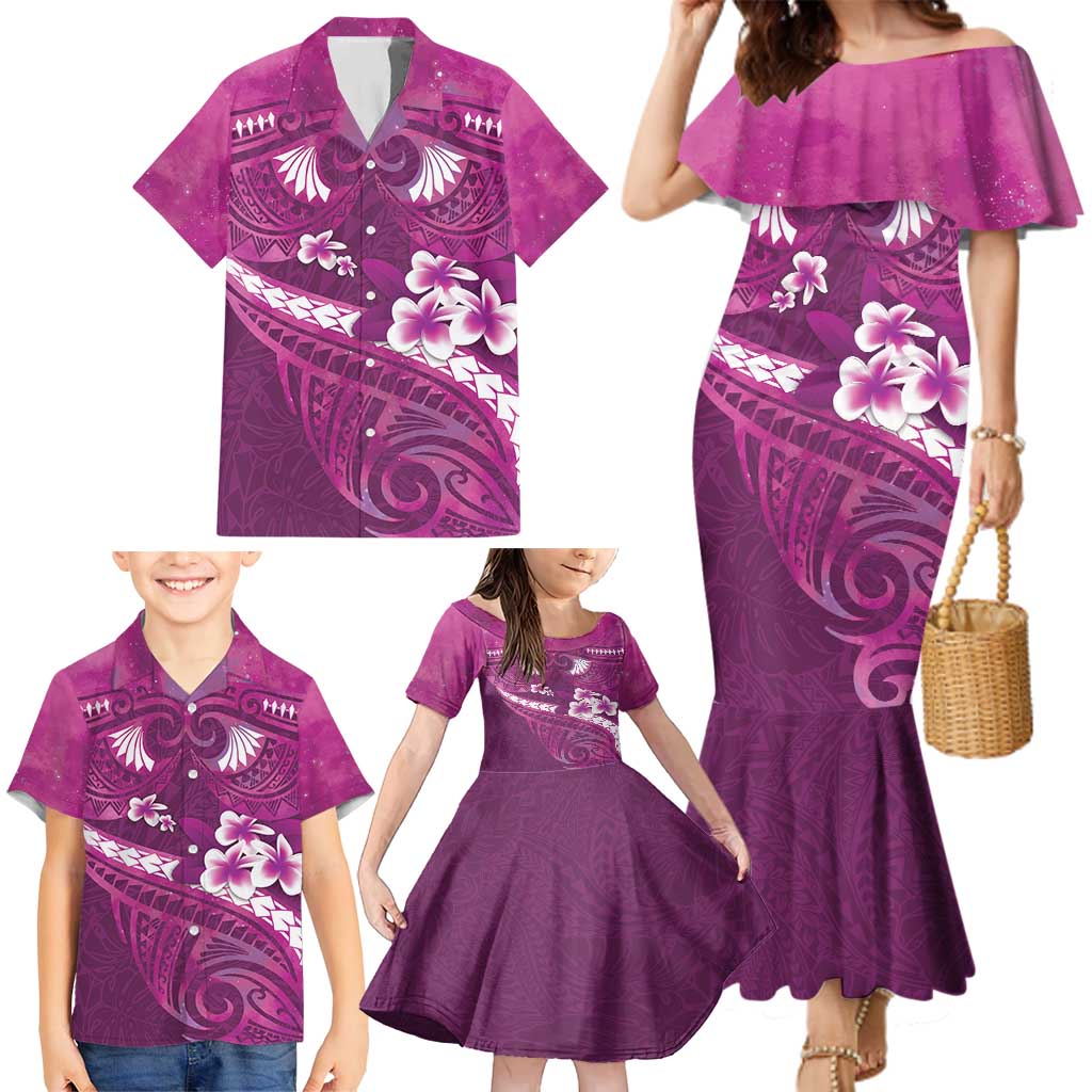 Pink Polynesia Family Matching Mermaid Dress and Hawaiian Shirt Tribal Pattern Tropical Frangipani