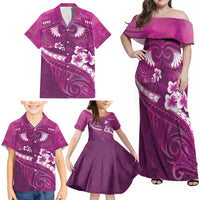 Pink Polynesia Family Matching Off Shoulder Maxi Dress and Hawaiian Shirt Tribal Pattern Tropical Frangipani