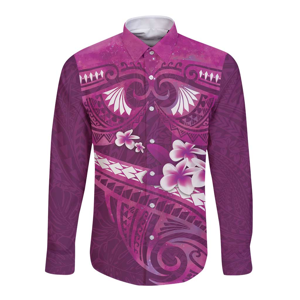 Pink Polynesia Long Sleeve Button Shirt Tribal Pattern Tropical Frangipani LT14 Unisex Pink - Polynesian Pride