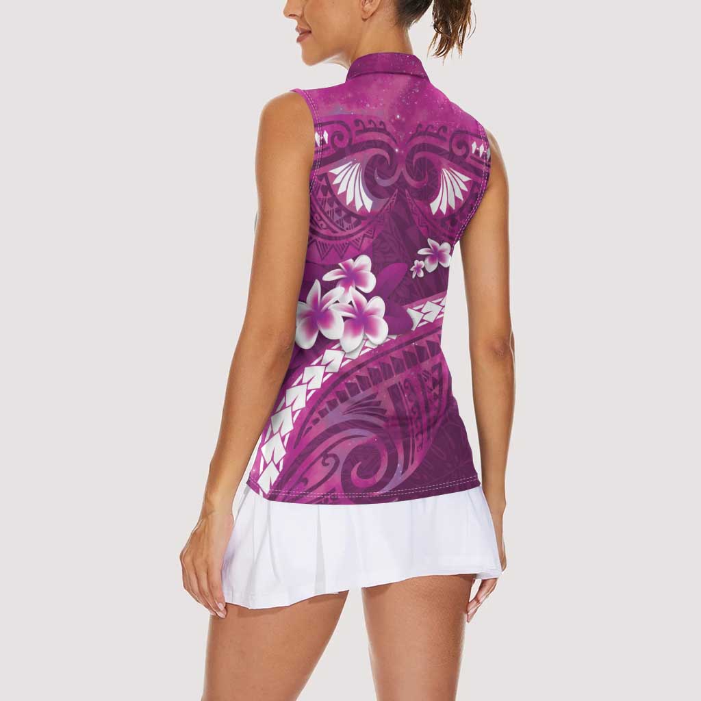 Pink Polynesia Women Sleeveless Polo Shirt Tribal Pattern Tropical Frangipani
