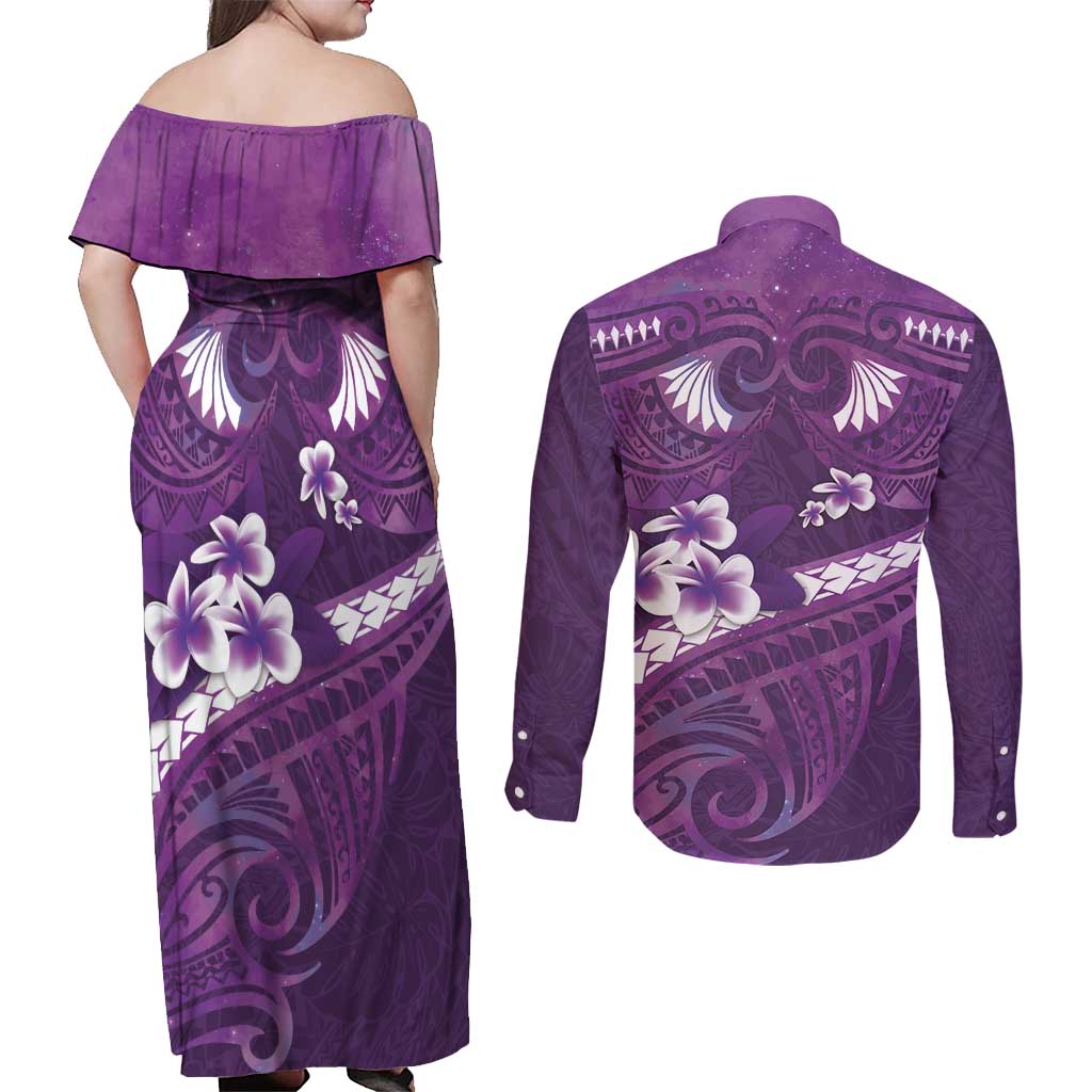 Purple Polynesia Couples Matching Off Shoulder Maxi Dress and Long Sleeve Button Shirt Tribal Pattern Tropical Frangipani