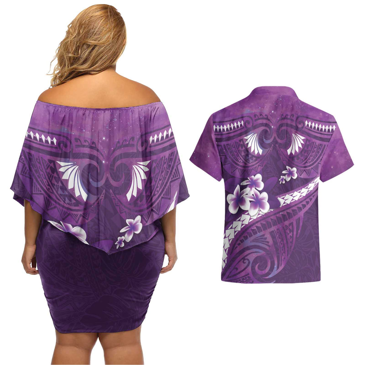 Purple Polynesia Couples Matching Off Shoulder Short Dress and Hawaiian Shirt Tribal Pattern Tropical Frangipani