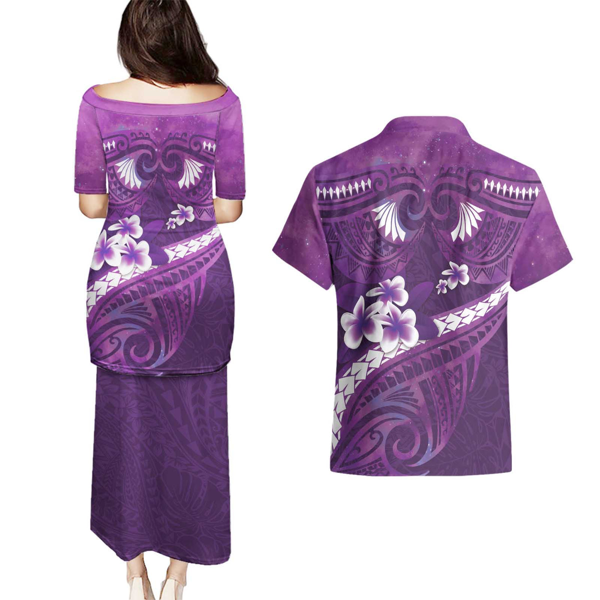 Purple Polynesia Couples Matching Puletasi and Hawaiian Shirt Tribal Pattern Tropical Frangipani