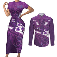 Purple Polynesia Couples Matching Short Sleeve Bodycon Dress and Long Sleeve Button Shirt Tribal Pattern Tropical Frangipani