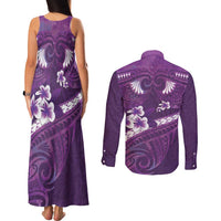 Purple Polynesia Couples Matching Tank Maxi Dress and Long Sleeve Button Shirt Tribal Pattern Tropical Frangipani