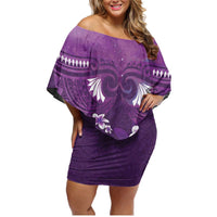 Purple Polynesia Family Matching Off Shoulder Short Dress and Hawaiian Shirt Tribal Pattern Tropical Frangipani