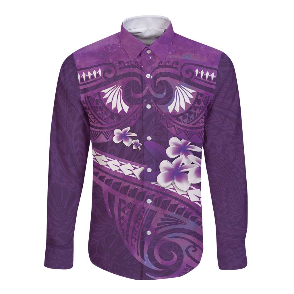 Purple Polynesia Long Sleeve Button Shirt Tribal Pattern Tropical Frangipani LT14 Unisex Purple - Polynesian Pride