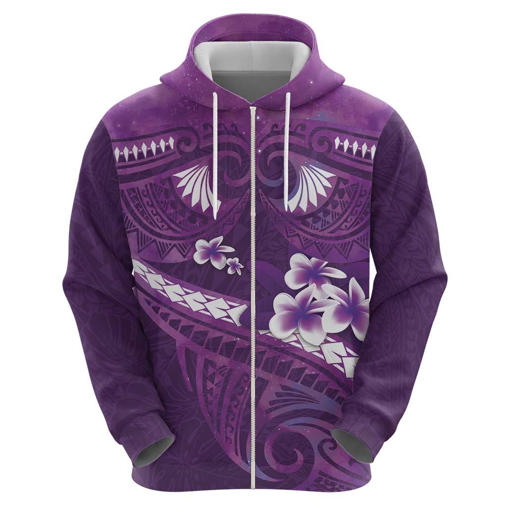 Purple Polynesia Zip Hoodie Tribal Pattern Tropical Frangipani