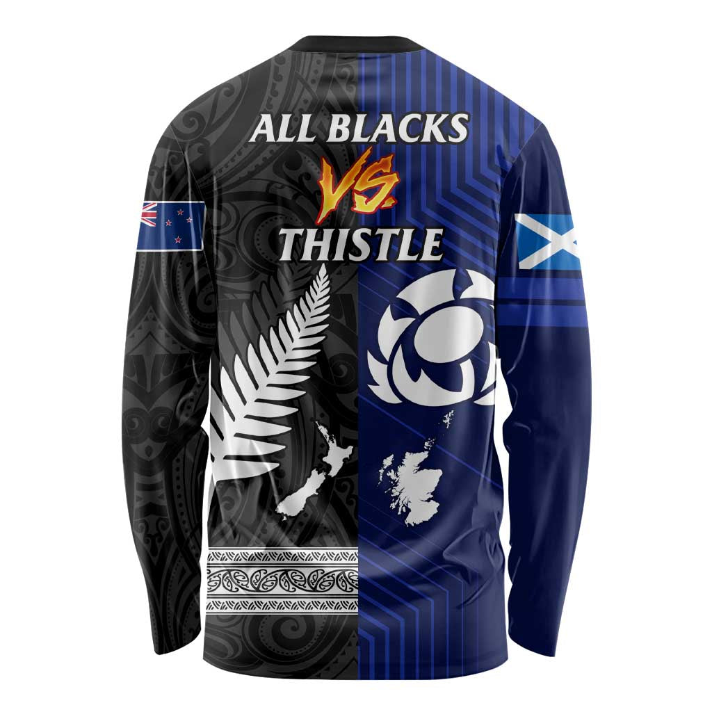New Zealand and Scotland Rugby Long Sleeve Shirt All Black Maori With Thistle Together LT14