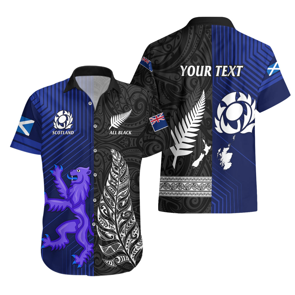 Personalised New Zealand and Scotland Rugby Hawaiian Shirt All Black Maori With Thistle Together LT14 - Polynesian Pride