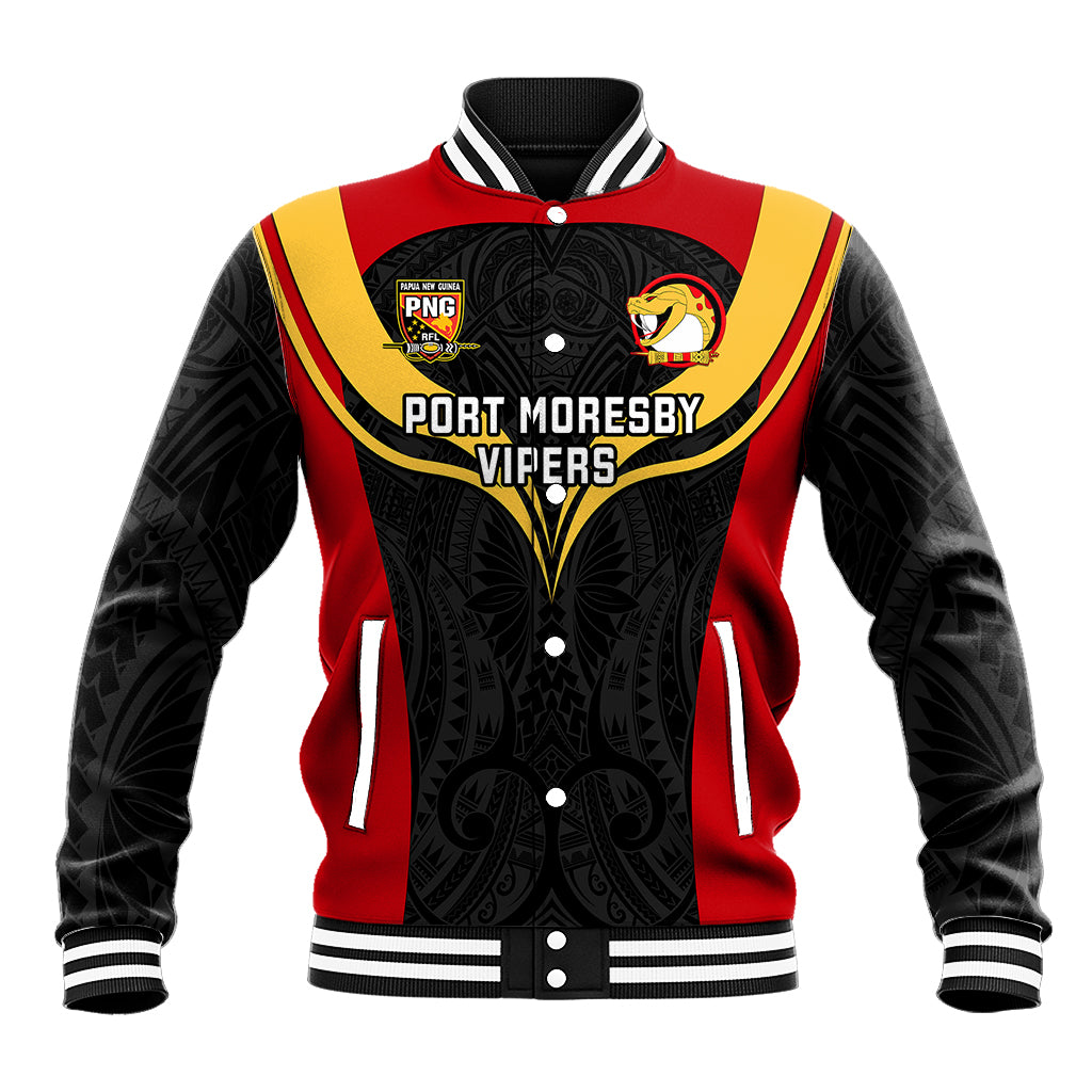 Papua New Guinea Rugby Baseball Jacket Port Moresby Vipers PNG Polynesian Pattern LT14 Unisex Black - Polynesian Pride