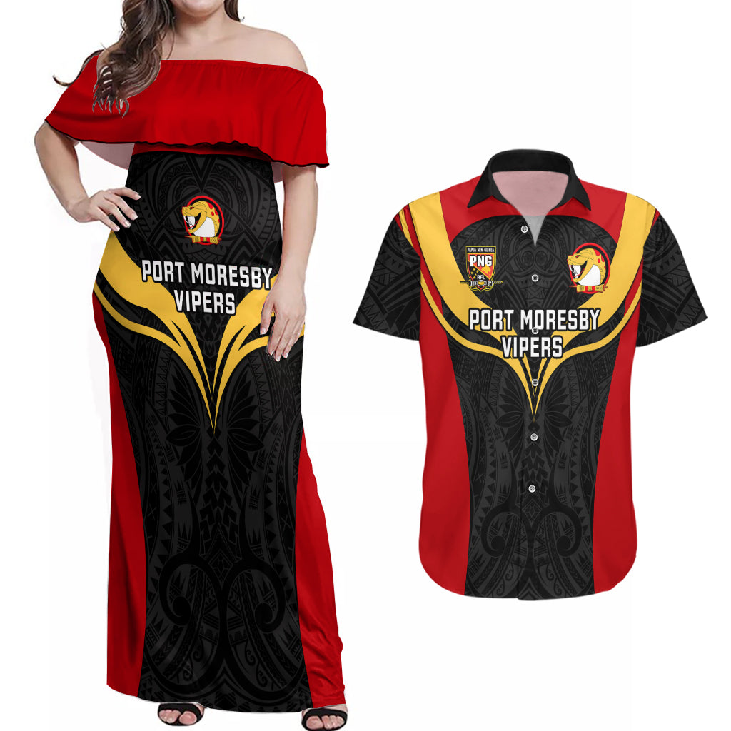 Papua New Guinea Rugby Couples Matching Off Shoulder Maxi Dress and Hawaiian Shirt Port Moresby Vipers PNG Polynesian Pattern LT14 Black - Polynesian Pride