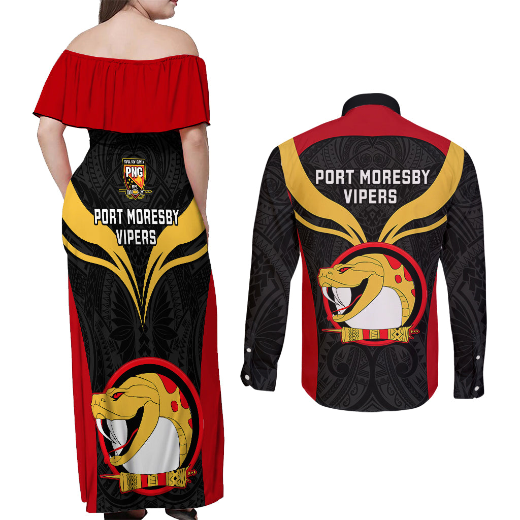 Papua New Guinea Rugby Couples Matching Off Shoulder Maxi Dress and Long Sleeve Button Shirts Port Moresby Vipers PNG Polynesian Pattern LT14 - Polynesian Pride