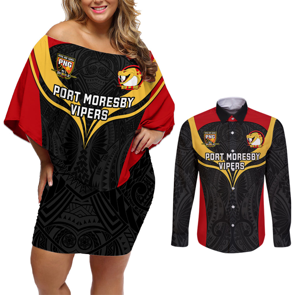 Papua New Guinea Rugby Couples Matching Off Shoulder Short Dress and Long Sleeve Button Shirts Port Moresby Vipers PNG Polynesian Pattern LT14 Black - Polynesian Pride