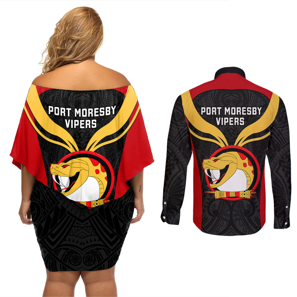 Papua New Guinea Rugby Couples Matching Off Shoulder Short Dress and Long Sleeve Button Shirts Port Moresby Vipers PNG Polynesian Pattern LT14 - Polynesian Pride