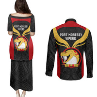 Papua New Guinea Rugby Couples Matching Puletasi Dress and Long Sleeve Button Shirts Port Moresby Vipers PNG Polynesian Pattern LT14 - Polynesian Pride