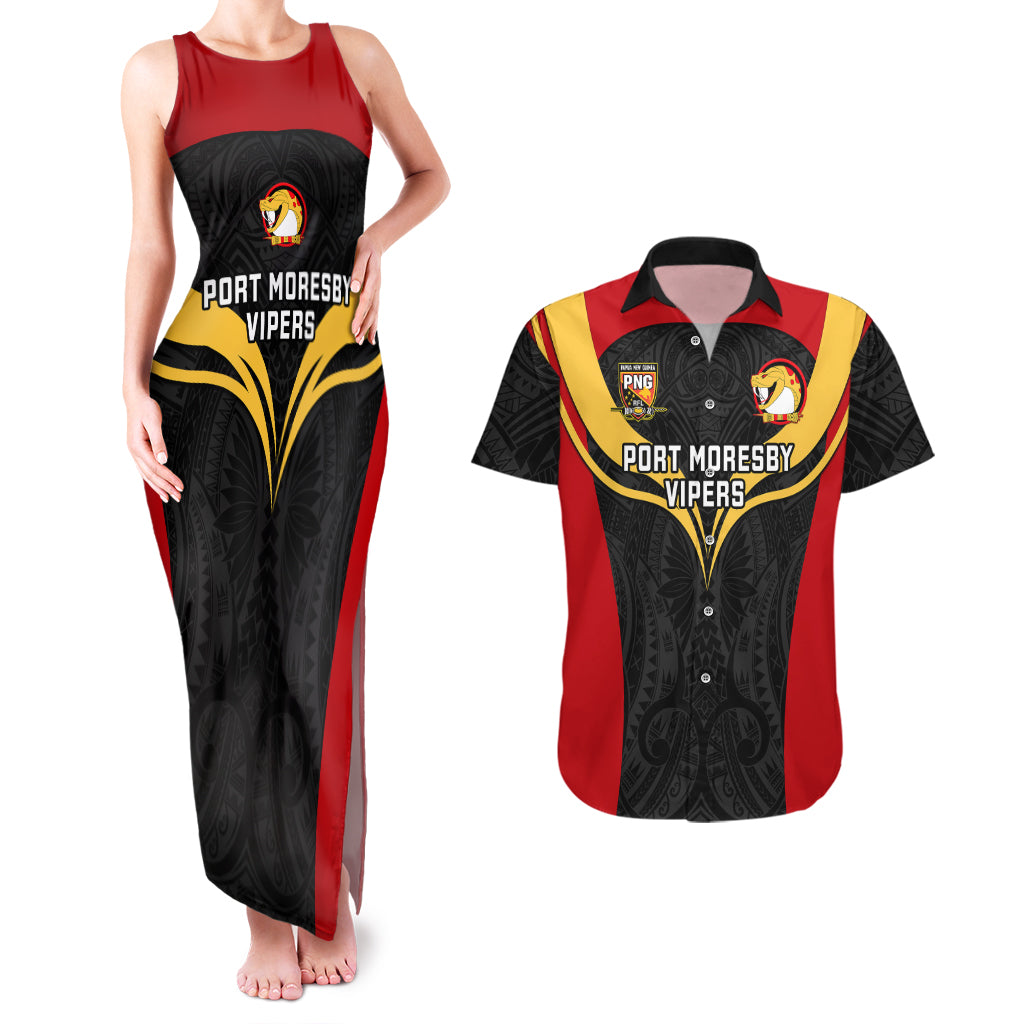 Papua New Guinea Rugby Couples Matching Tank Maxi Dress And Hawaiian Shirt Port Moresby Vipers PNG Polynesian Pattern LT14 Black - Polynesian Pride