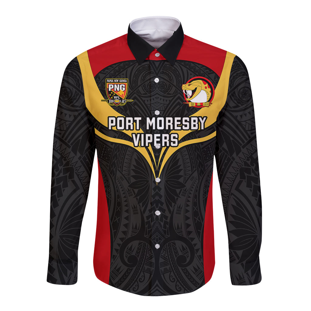 Papua New Guinea Rugby Long Sleeve Button Shirt Port Moresby Vipers PNG Polynesian Pattern LT14 Unisex Black - Polynesian Pride