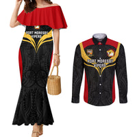 Custom Papua New Guinea Rugby Couples Matching Mermaid Dress and Long Sleeve Button Shirts Port Moresby Vipers PNG Polynesian Pattern LT14 Black - Polynesian Pride