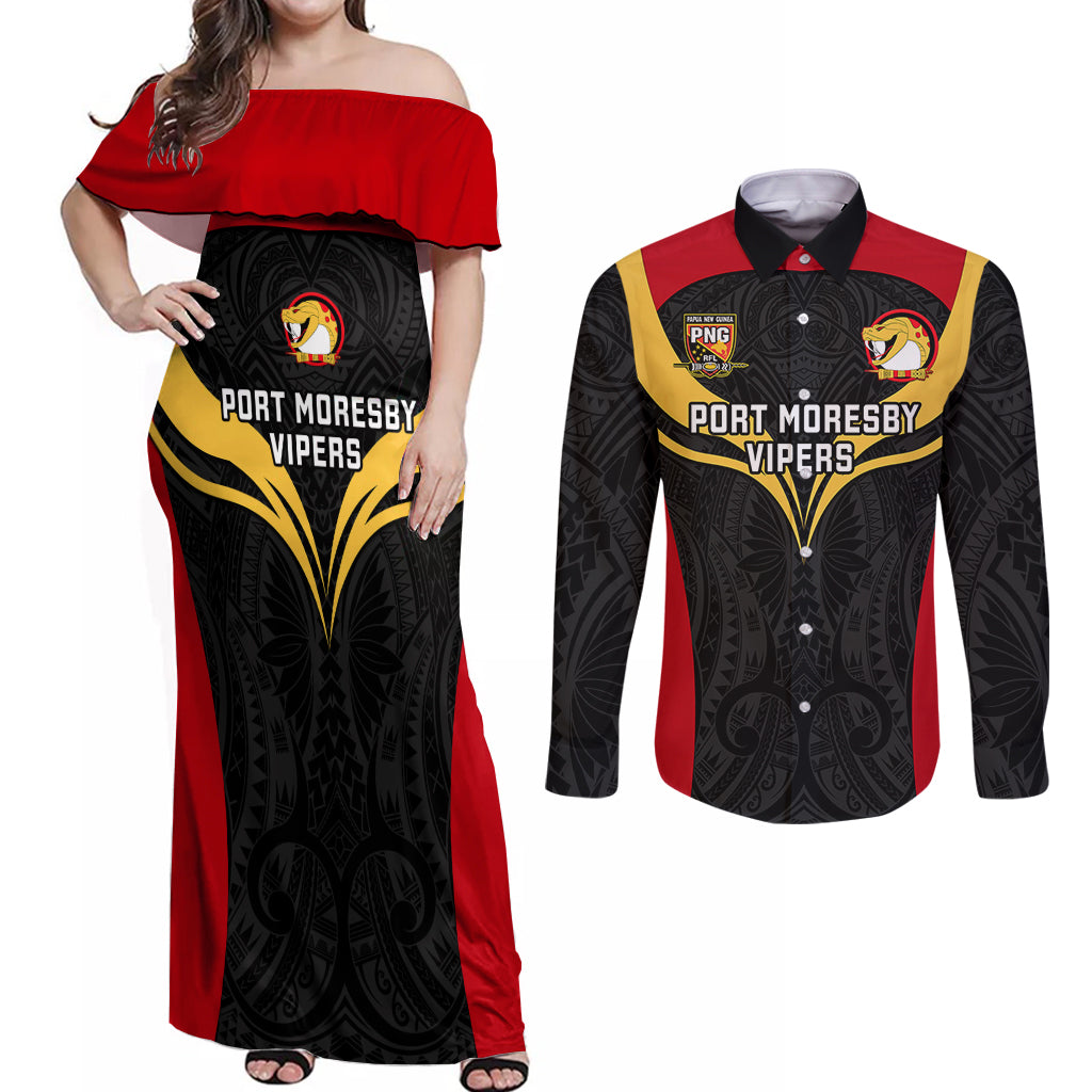 Custom Papua New Guinea Rugby Couples Matching Off Shoulder Maxi Dress and Long Sleeve Button Shirts Port Moresby Vipers PNG Polynesian Pattern LT14 Black - Polynesian Pride