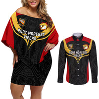 Custom Papua New Guinea Rugby Couples Matching Off Shoulder Short Dress and Long Sleeve Button Shirts Port Moresby Vipers PNG Polynesian Pattern LT14 Black - Polynesian Pride