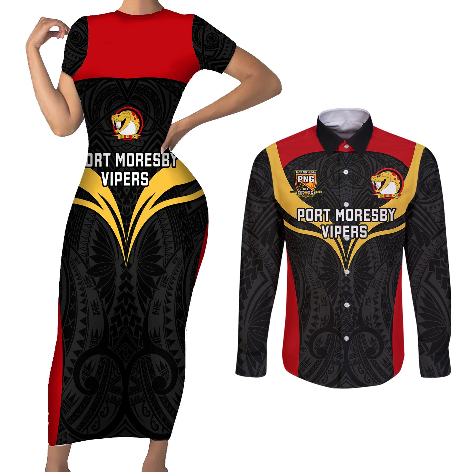 Custom Papua New Guinea Rugby Couples Matching Short Sleeve Bodycon Dress and Long Sleeve Button Shirts Port Moresby Vipers PNG Polynesian Pattern LT14 Black - Polynesian Pride