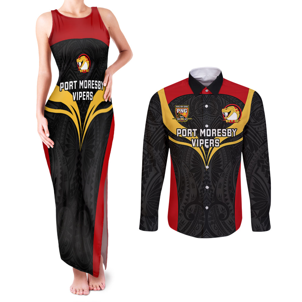 Custom Papua New Guinea Rugby Couples Matching Tank Maxi Dress and Long Sleeve Button Shirts Port Moresby Vipers PNG Polynesian Pattern LT14 Black - Polynesian Pride
