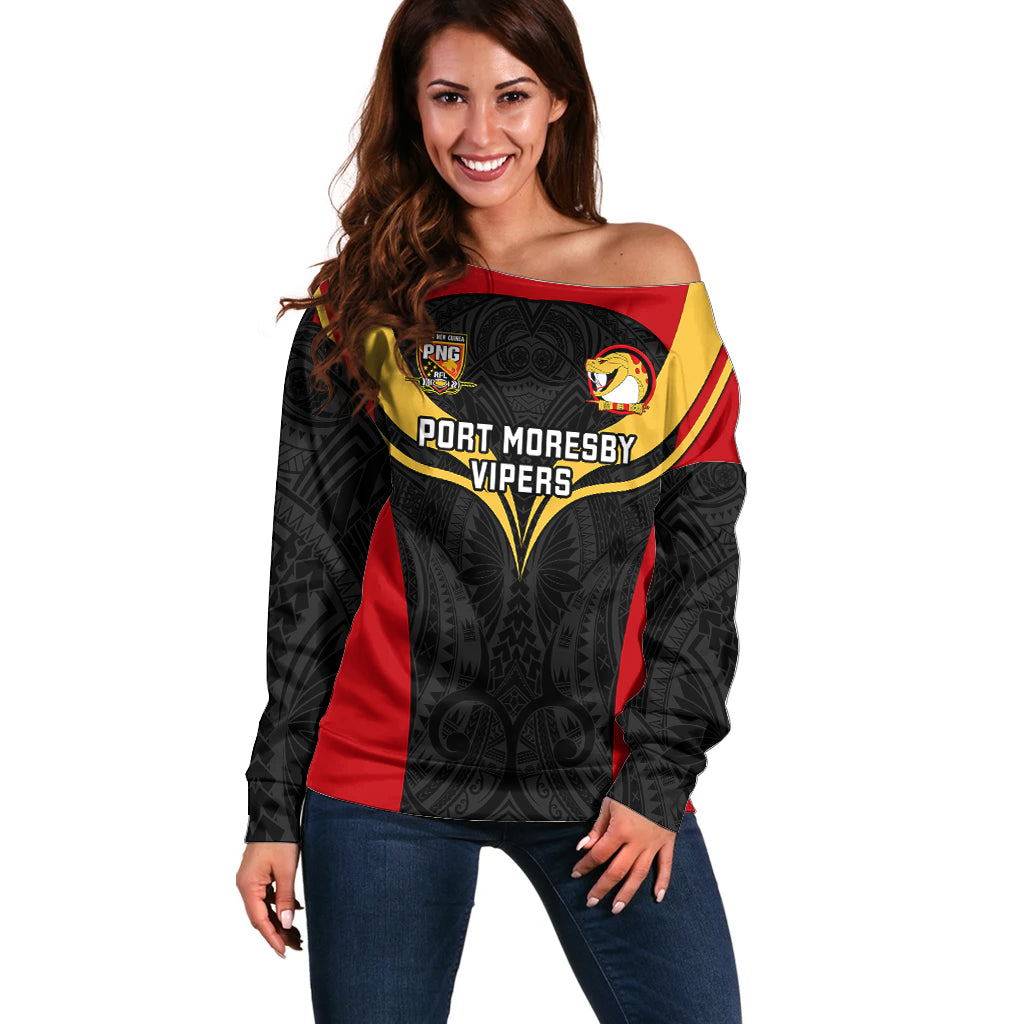 Custom Papua New Guinea Rugby Off Shoulder Sweater Port Moresby Vipers PNG Polynesian Pattern LT14 Women Black - Polynesian Pride