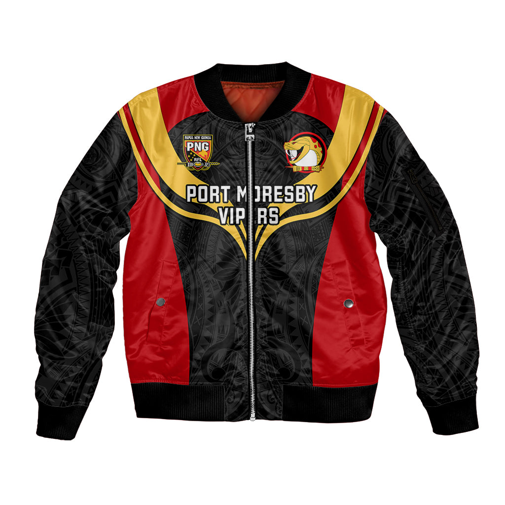 Custom Papua New Guinea Rugby Sleeve Zip Bomber Jacket Port Moresby Vipers PNG Polynesian Pattern LT14 Unisex Black - Polynesian Pride