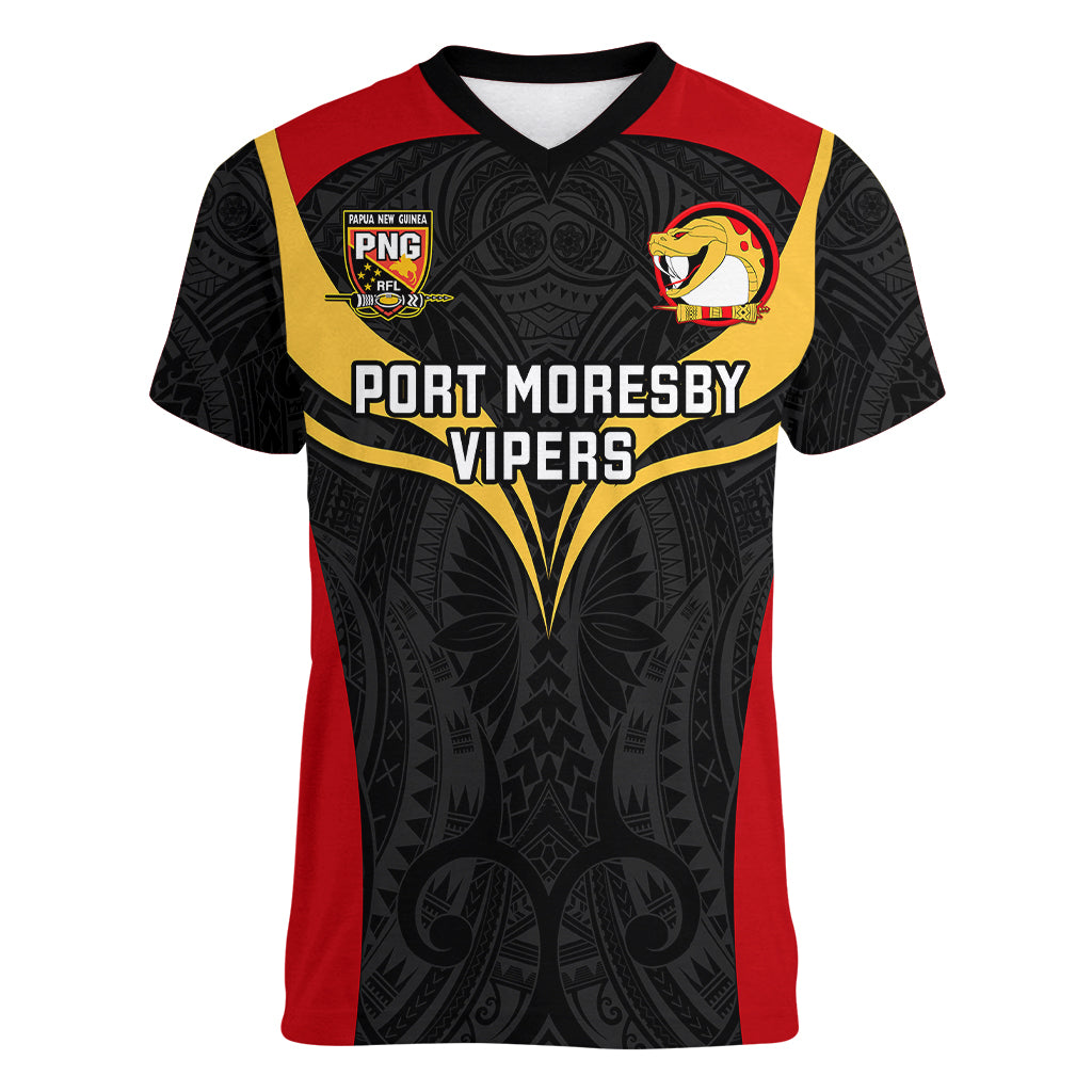 Custom Papua New Guinea Rugby Women V Neck T Shirt Port Moresby Vipers PNG Polynesian Pattern LT14 Female Black - Polynesian Pride