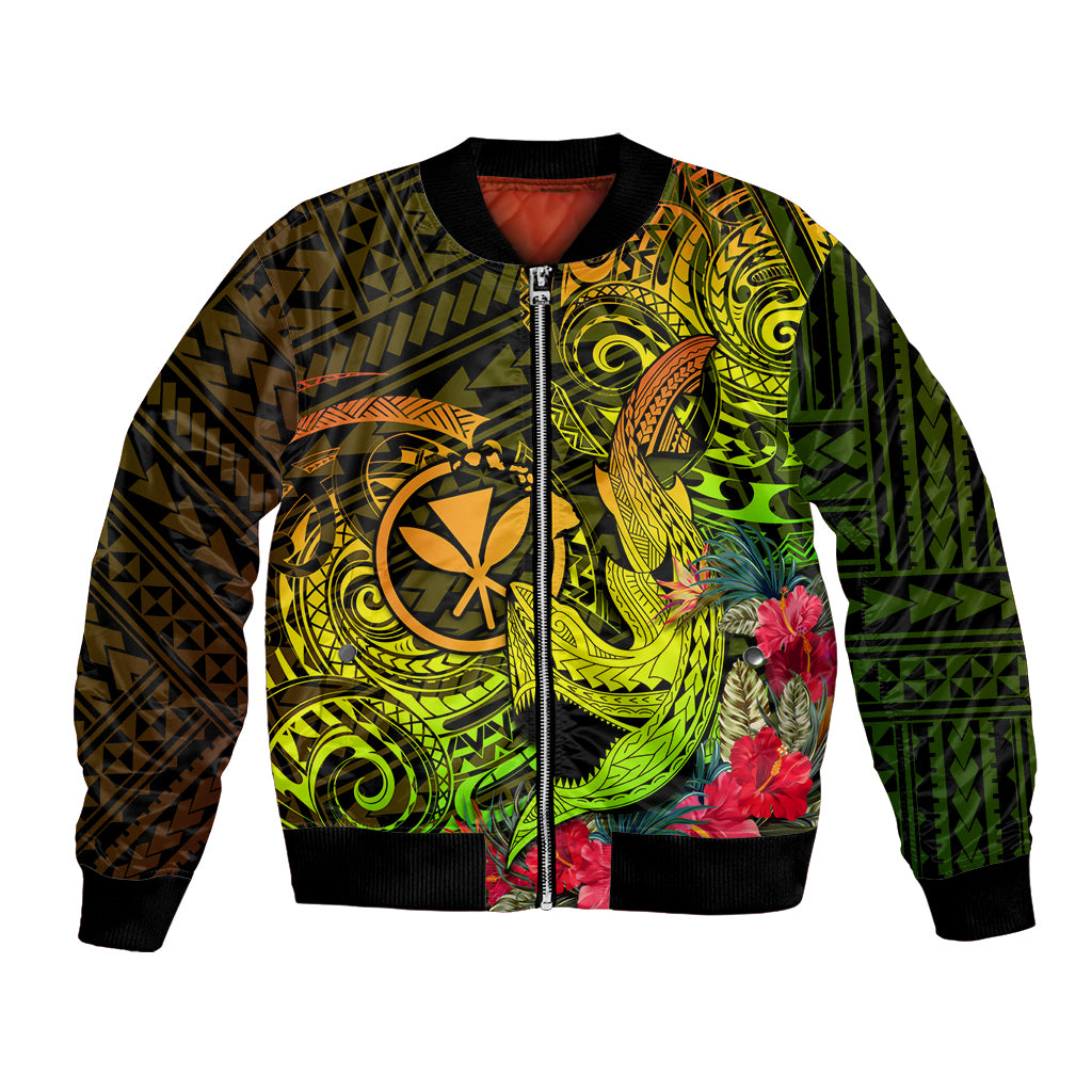 Hawaii Bomber Jacket Kanaka Map With Polynesian Shark Tattoo Reggae Unique LT14 Unisex Reggae - Polynesian Pride