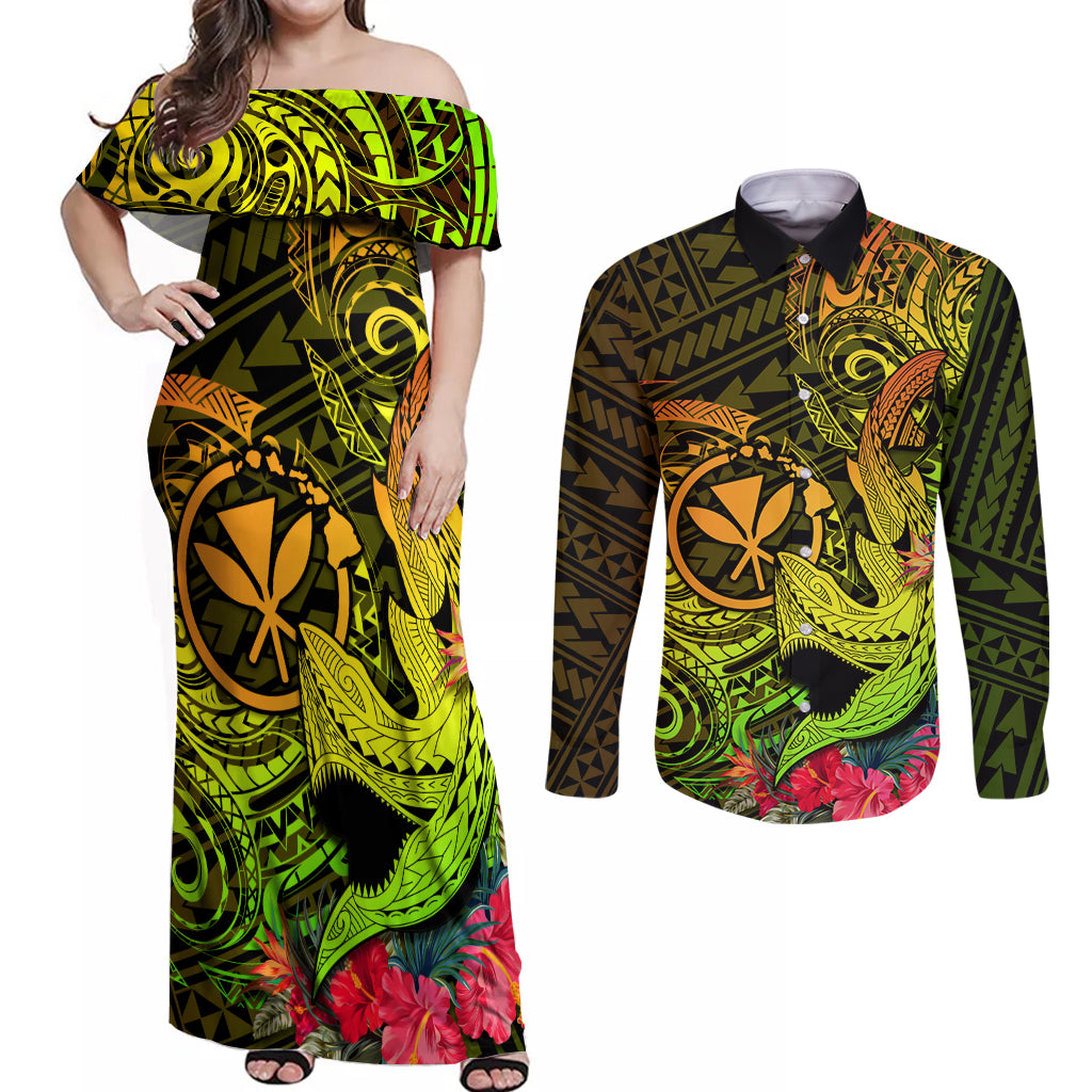 Hawaii Couples Matching Off Shoulder Maxi Dress and Long Sleeve Button Shirts Kanaka Map With Polynesian Shark Tattoo Reggae Unique LT14 Reggae - Polynesian Pride