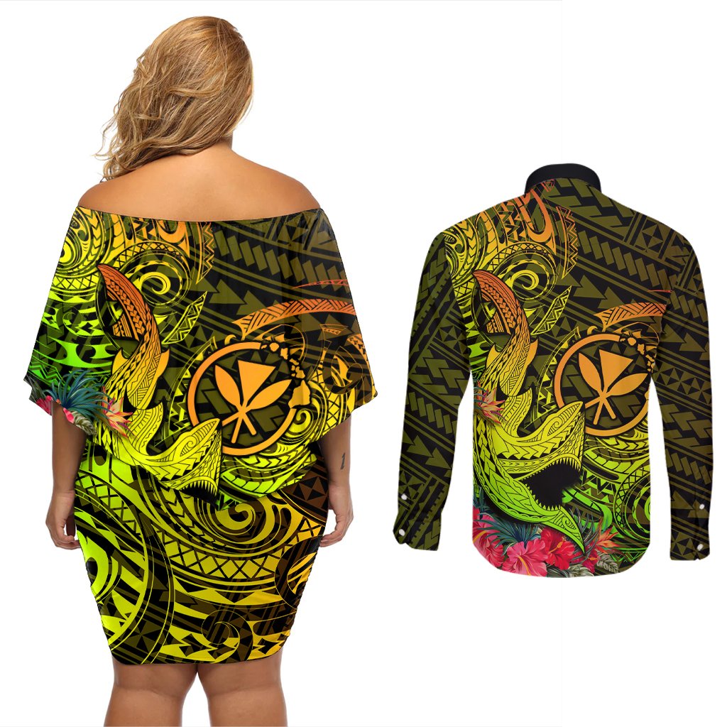 Hawaii Couples Matching Off Shoulder Short Dress and Long Sleeve Button Shirts Kanaka Map With Polynesian Shark Tattoo Reggae Unique LT14 - Polynesian Pride