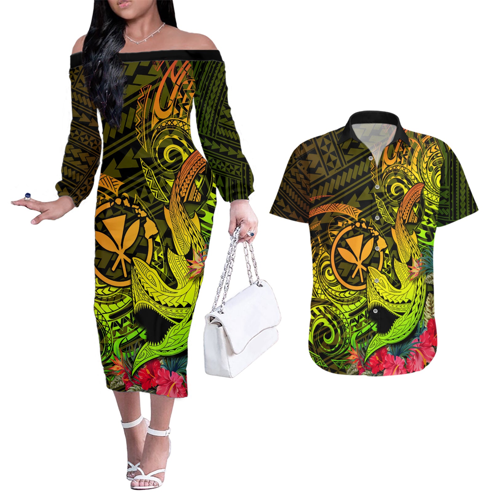 Hawaii Couples Matching Off The Shoulder Long Sleeve Dress and Hawaiian Shirt Kanaka Map With Polynesian Shark Tattoo Reggae Unique LT14 Reggae - Polynesian Pride