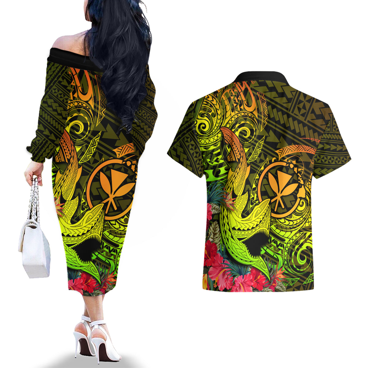 Hawaii Couples Matching Off The Shoulder Long Sleeve Dress and Hawaiian Shirt Kanaka Map With Polynesian Shark Tattoo Reggae Unique LT14 - Polynesian Pride