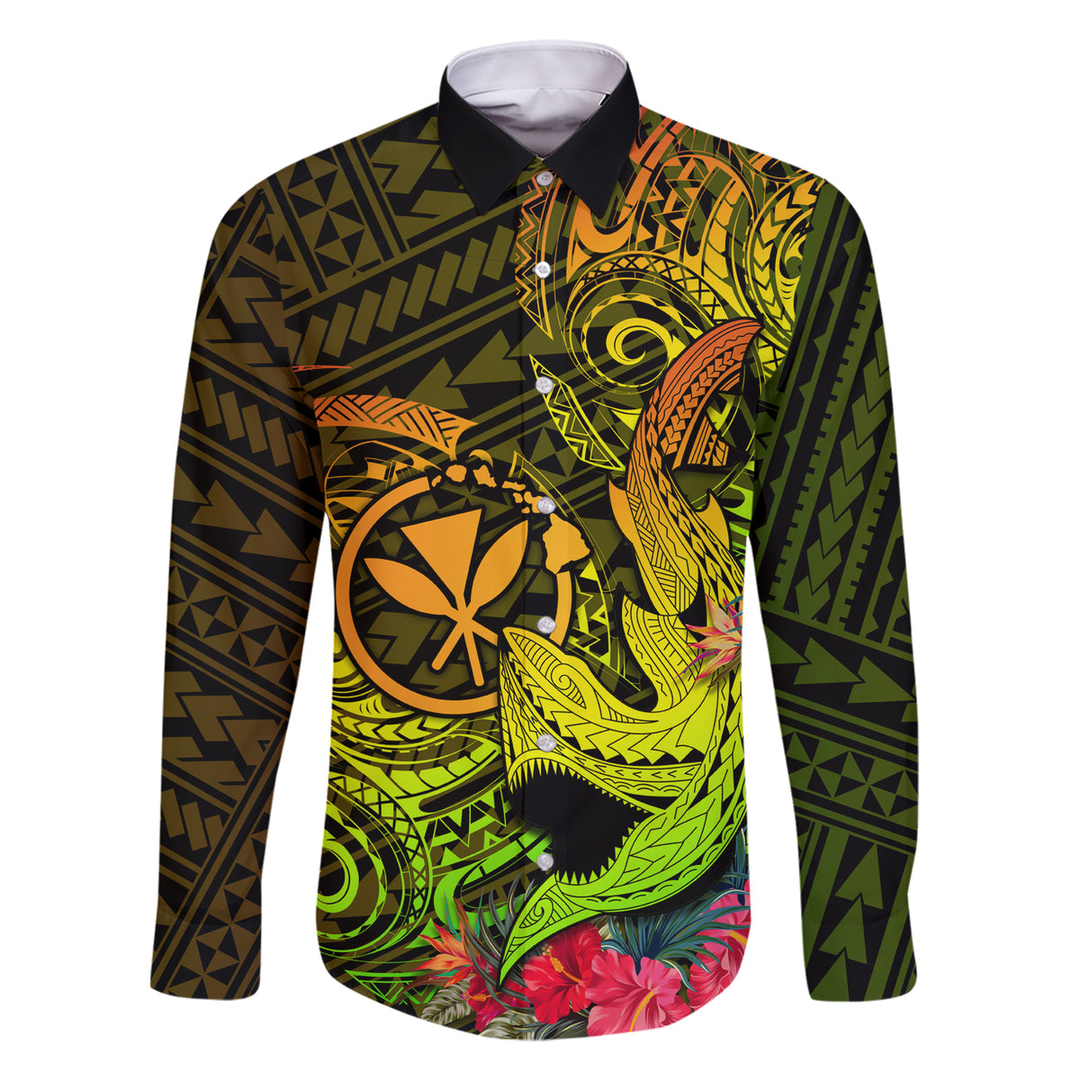 Hawaii Family Matching Short Sleeve Bodycon Dress and Hawaiian Shirt Kanaka Map With Polynesian Shark Tattoo Reggae Unique LT14 Dad's Shirt - Long Sleeve Reggae - Polynesian Pride