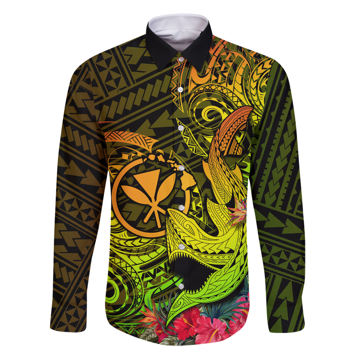 Hawaii Family Matching Tank Maxi Dress and Hawaiian Shirt Kanaka Map With Polynesian Shark Tattoo Reggae Unique LT14 Dad's Shirt - Long Sleeve Reggae - Polynesian Pride