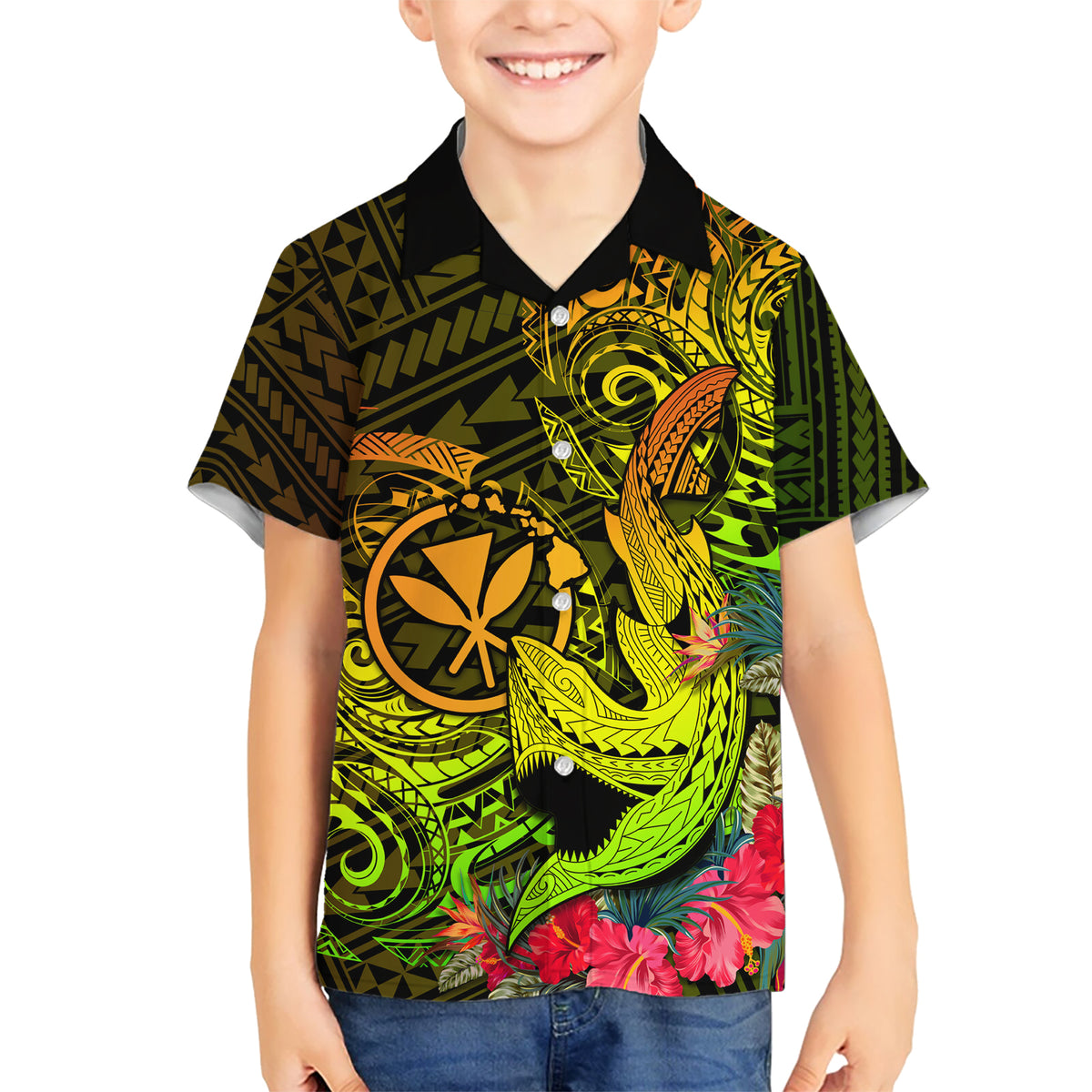 Hawaii Kid Hawaiian Shirt Kanaka Map With Polynesian Shark Tattoo Reggae Unique LT14 Kid Reggae - Polynesian Pride